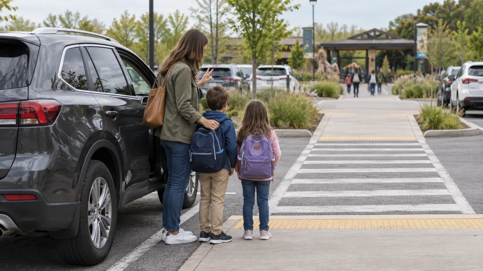 Adult regrouping with two school-age children beside a parked car before using a marked pedestrian crossing