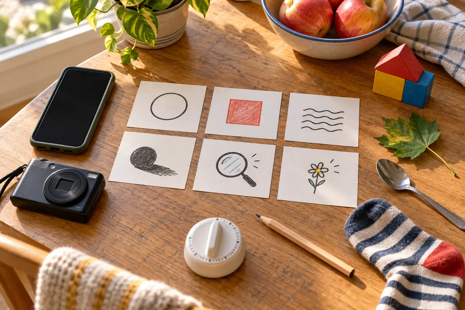 Conceptual kitchen-table photo hunt with a dark-screen phone, unbranded camera, six icon clue cards, timer, pencil and household objects