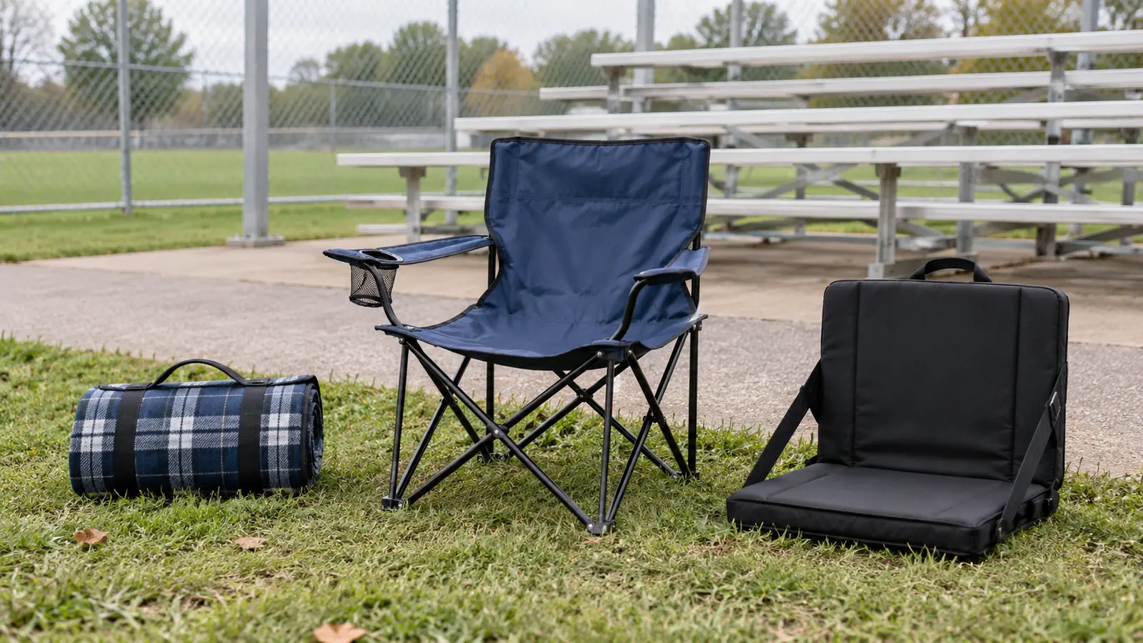 Folded picnic blanket, folding camp chair and padded stadium seat arranged beside outdoor bleachers