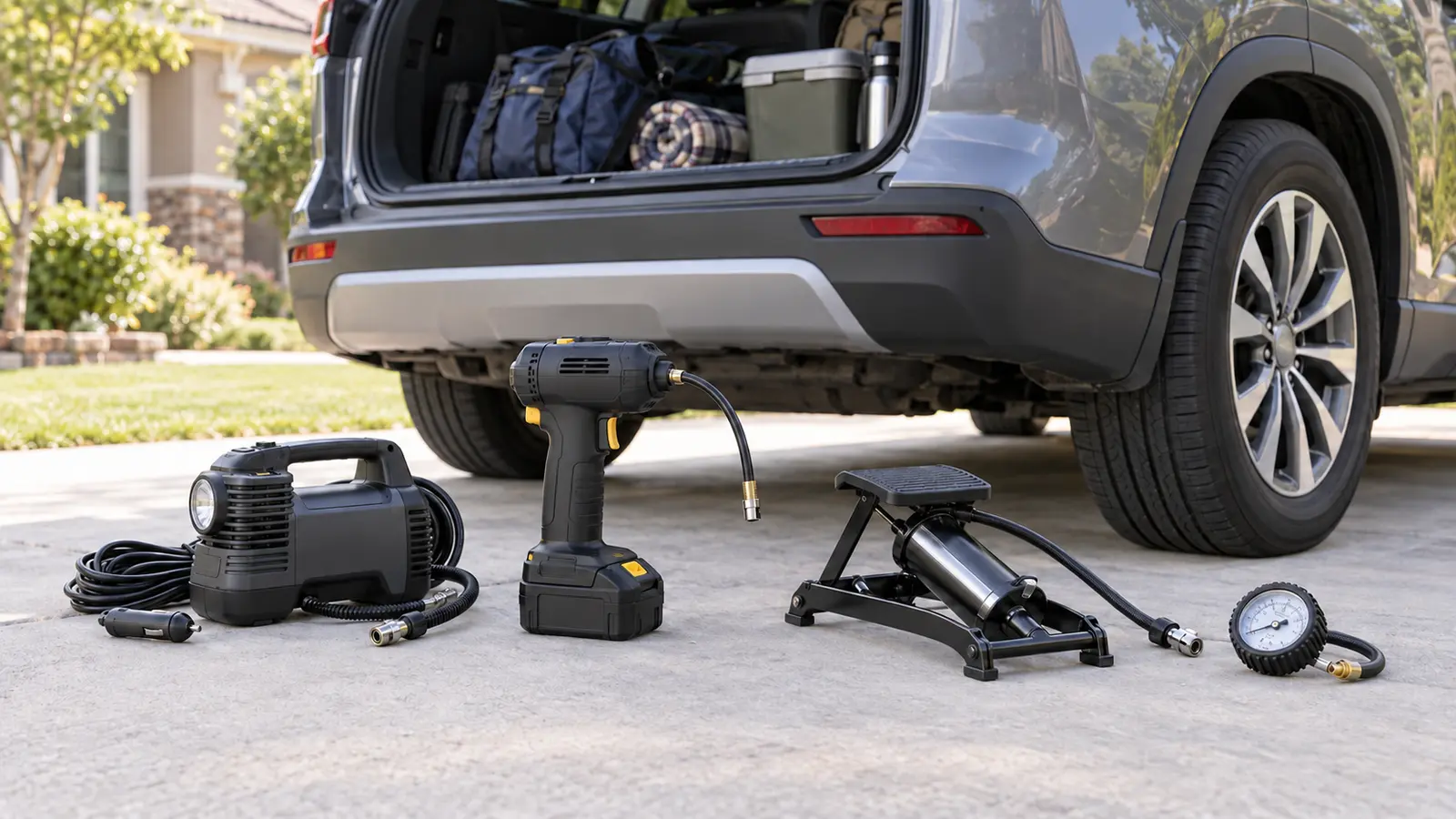 Unbranded 12-volt inflator, cordless inflator, foot pump and pressure gauge beside a parked family vehicle