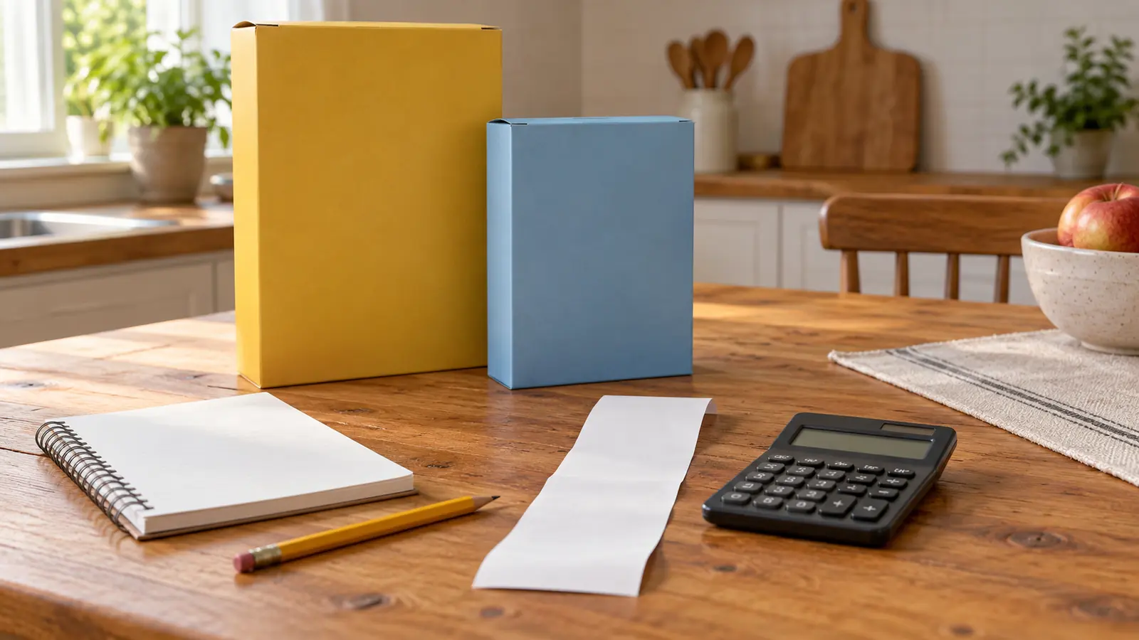 Conceptual receipt math kit with blank receipt strip, notebook, pencil, calculator and two different-sized unbranded boxes