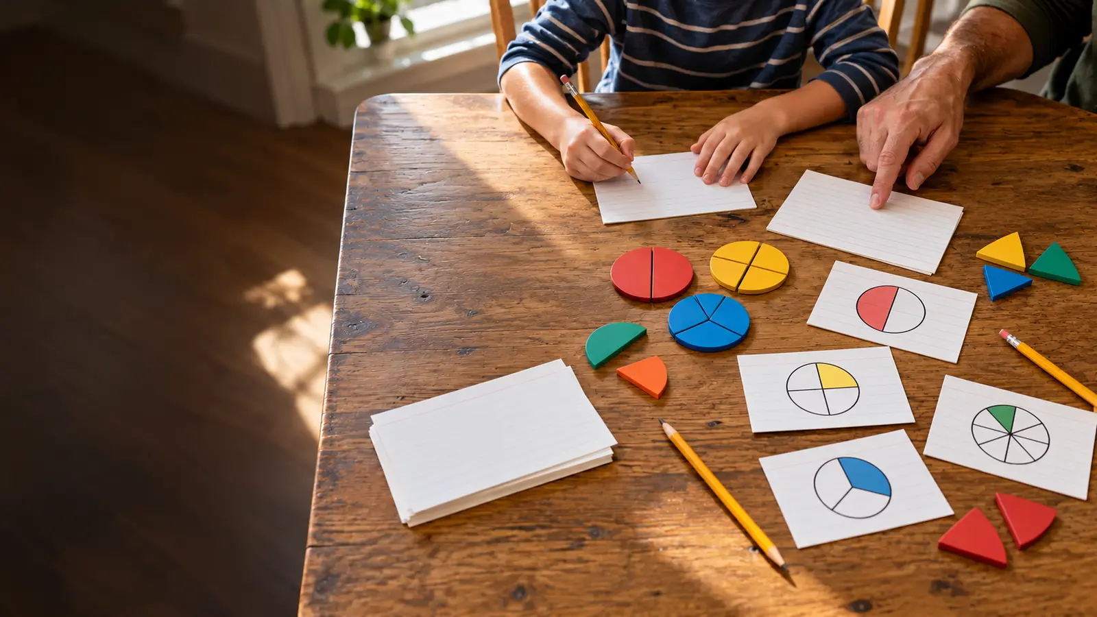 Conceptual adult and school-age child hands using colorful fraction tiles, pencils and blank recipe cards on a clean tabletop with no food preparation