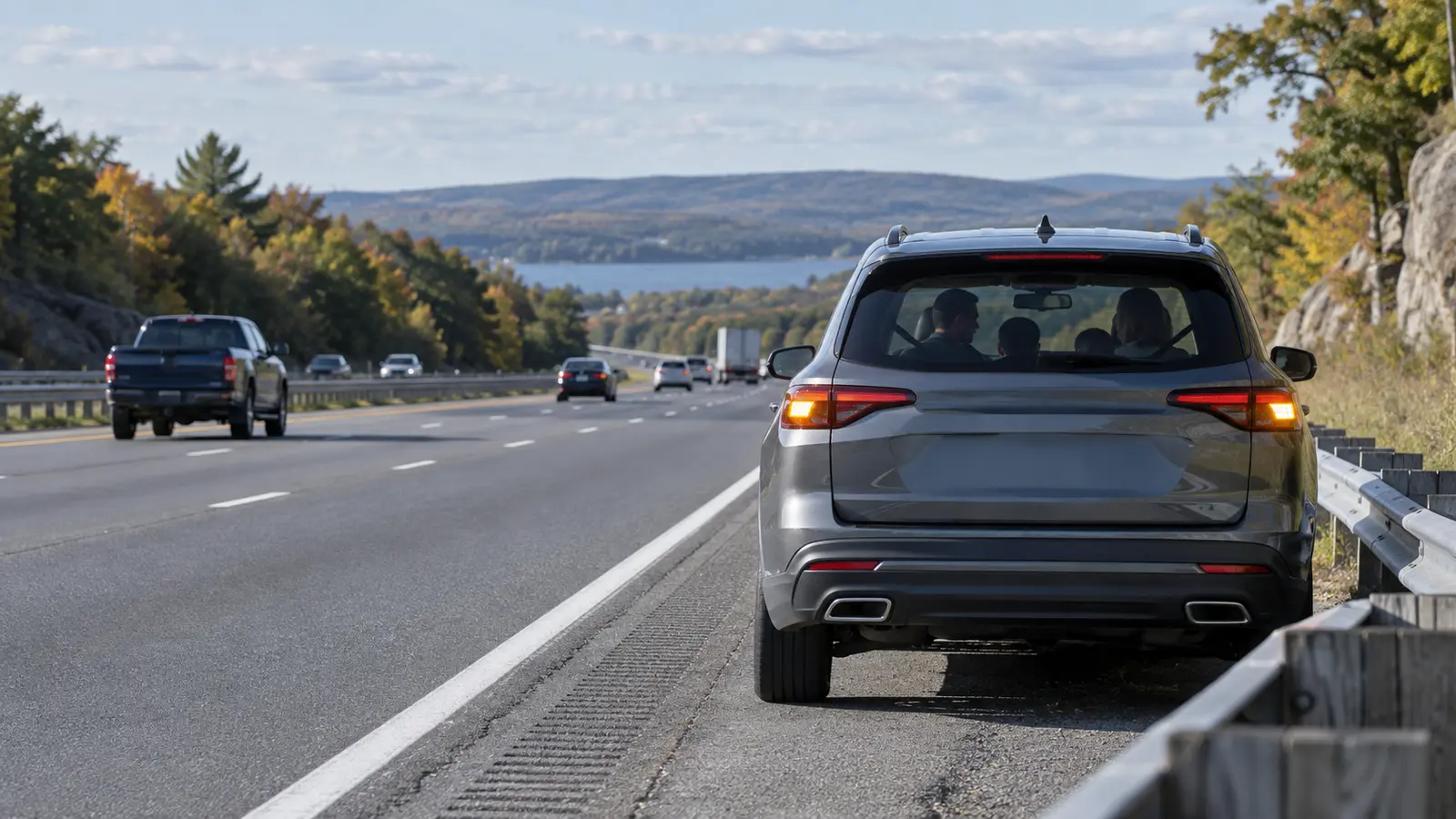 Family SUV safely stopped on a highway shoulder