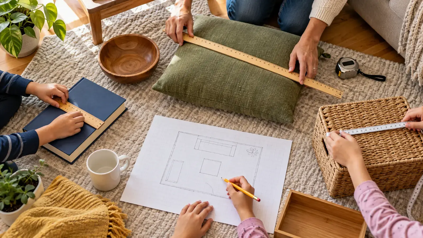 Adult and two children measuring a book, cushion and basket with rulers and cloth tape beside a simple room sketch