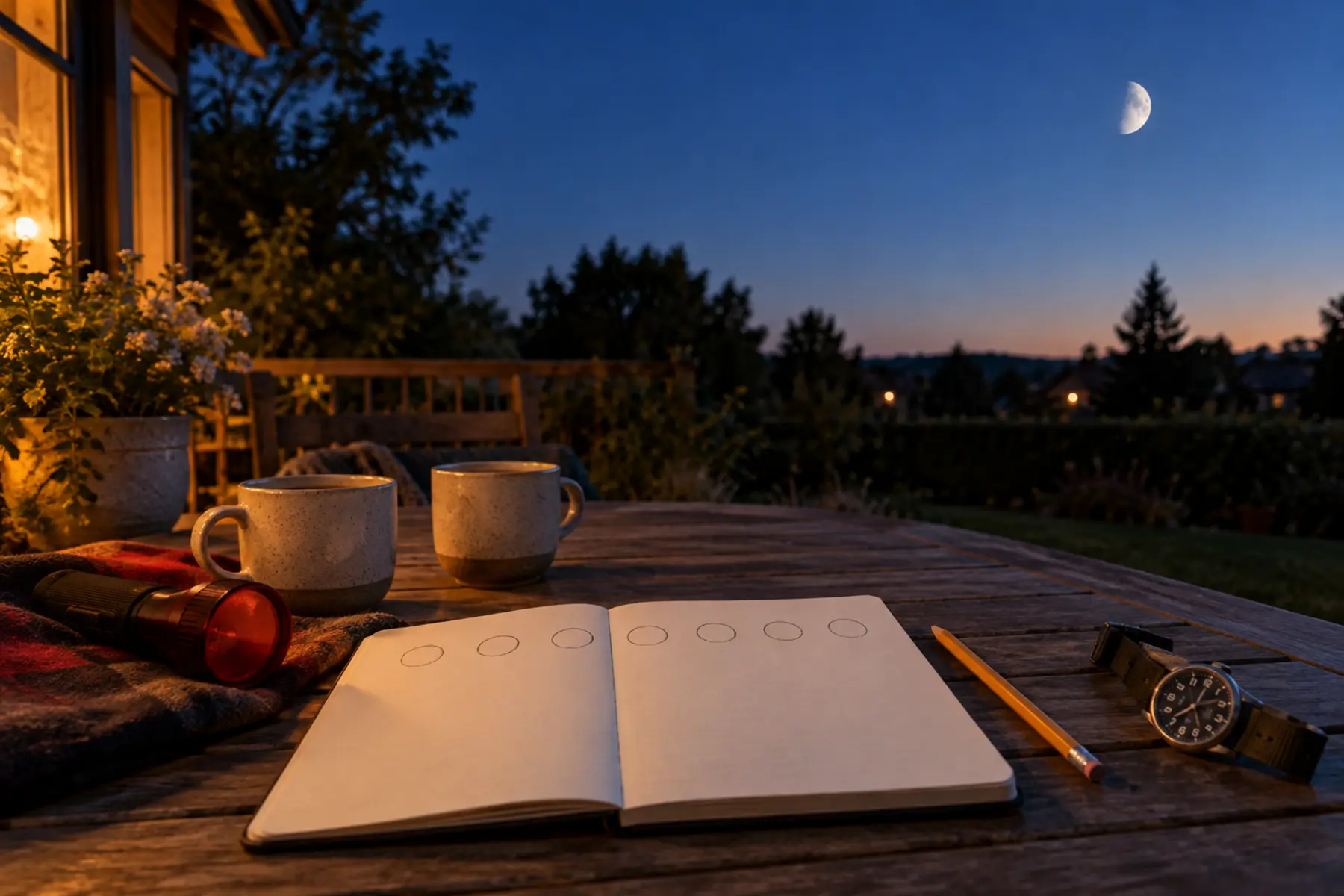 Seven-night Moon observation setup with a blank notebook, seven circles, pencil, watch and red flashlight on a backyard table at blue hour
