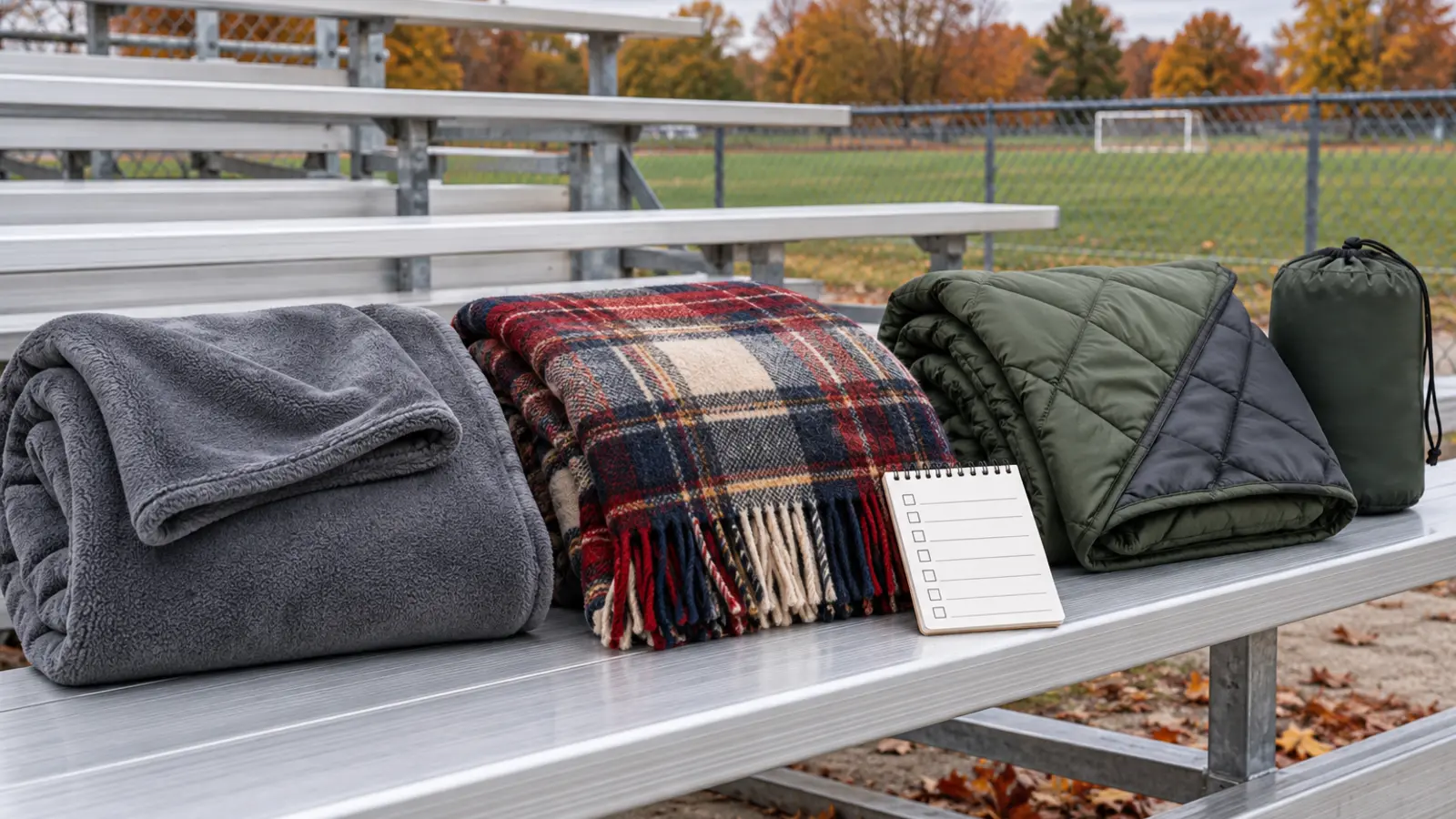 Three generic unbranded sideline blanket categories on empty metal bleachers: fleece throw, plaid wool-blend blanket and packable quilted insulated blanket