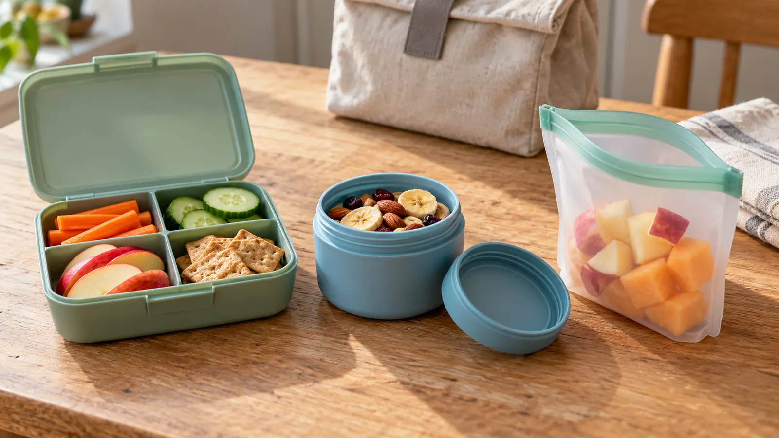 Three generic unbranded snack-container categories on a kitchen table: divided hard box, wide-mouth screw-top cup and reusable zipper food pouch with ordinary snacks