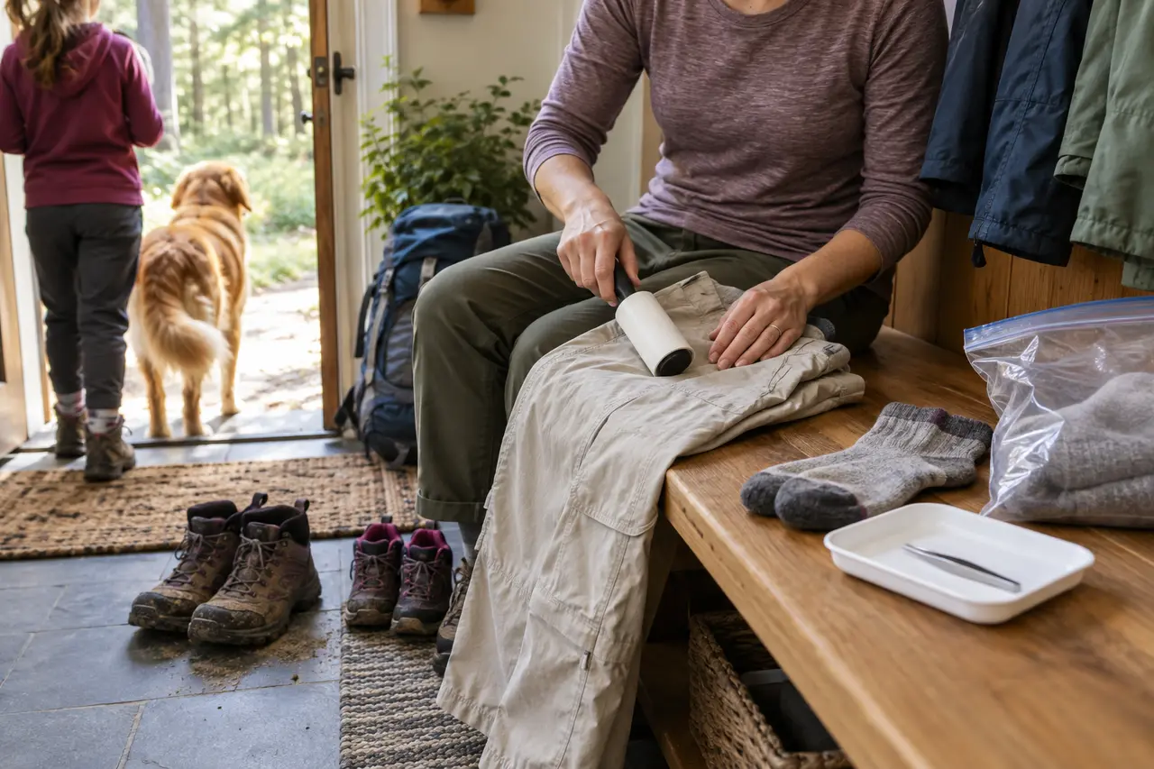 Adult checking hiking clothes after a family trail day