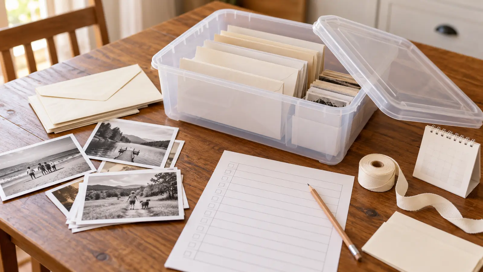 Conceptual indoor time-capsule setup with a clear storage box, plain envelopes, copied photographs, blank inventory sheet and pencil