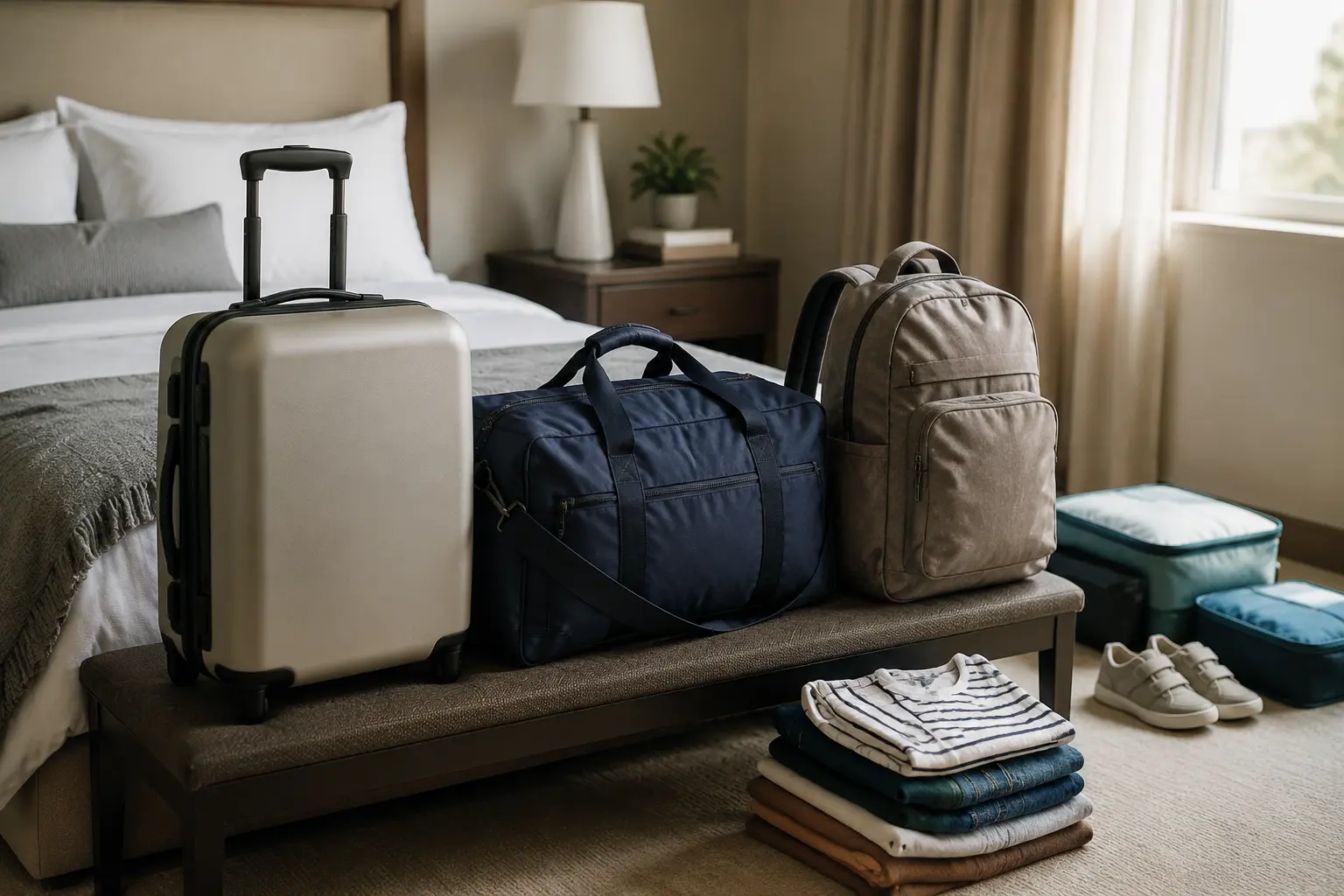 Unbranded rolling carry-on, duffel and travel backpack arranged together in a hotel room