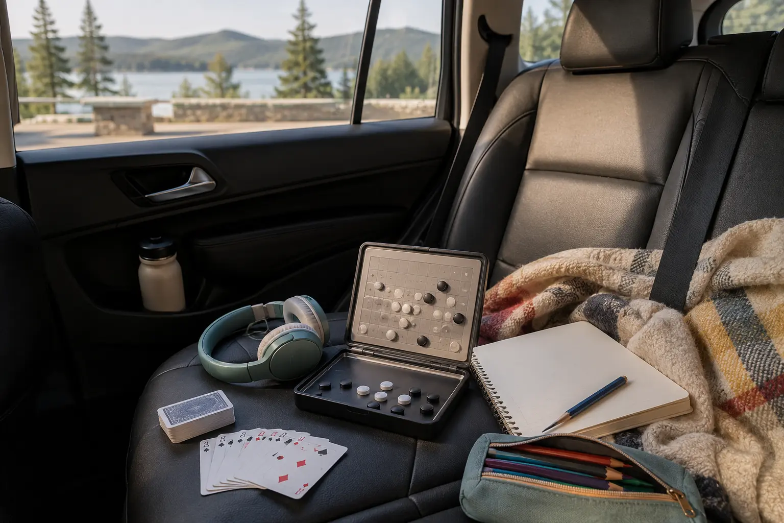 Playing cards, a compact magnetic board, notebook, pencils and headphones arranged in a parked family car