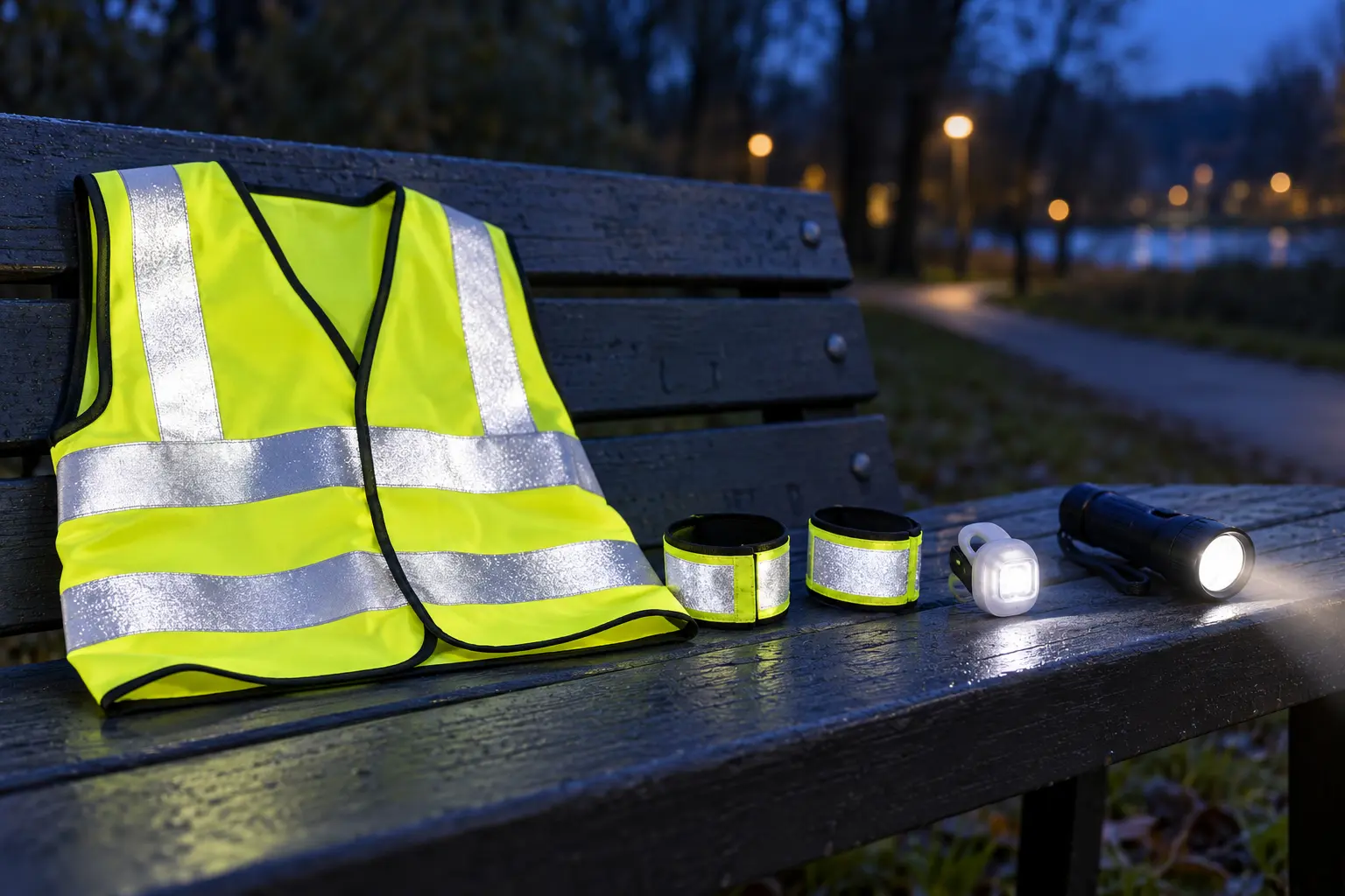 Unbranded fluorescent vest with retroreflective strips, two reflective bands, a white clip light and a handheld flashlight on a park bench at blue hour
