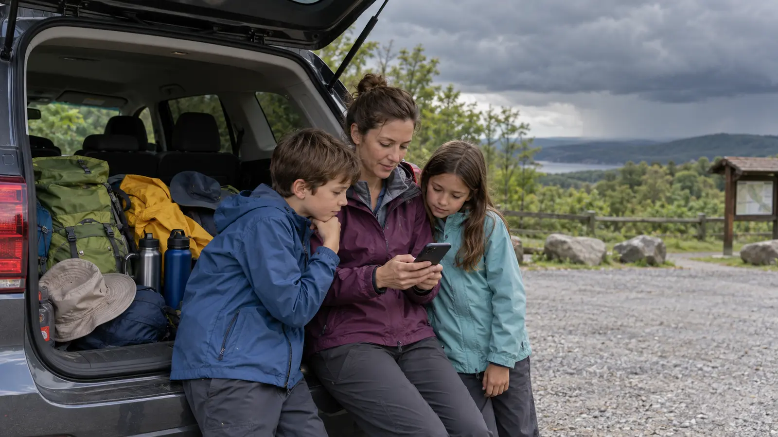 Parent and two school-age children checking a phone forecast beside packed day-trip gear at a parked trailhead
