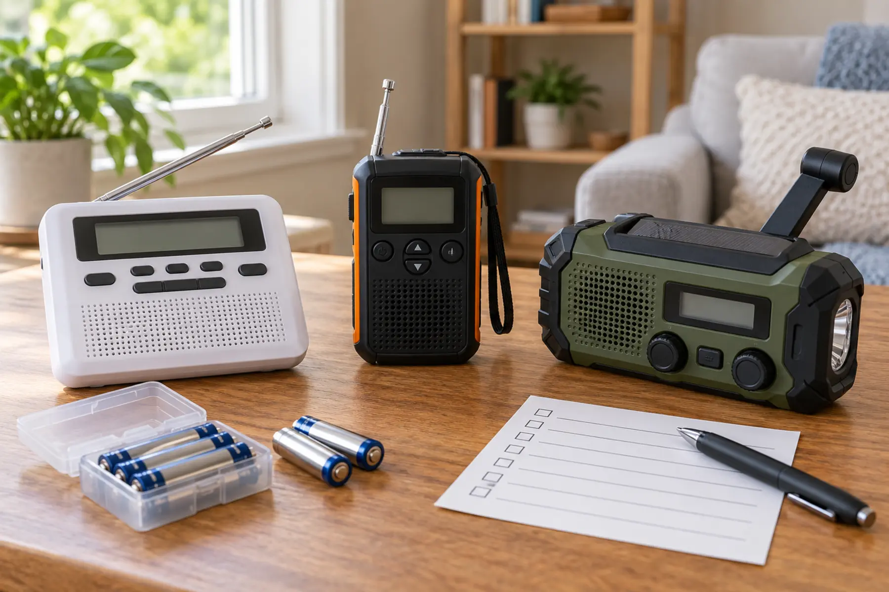 Three generic unbranded weather radio categories with batteries and a blank checklist on a home table