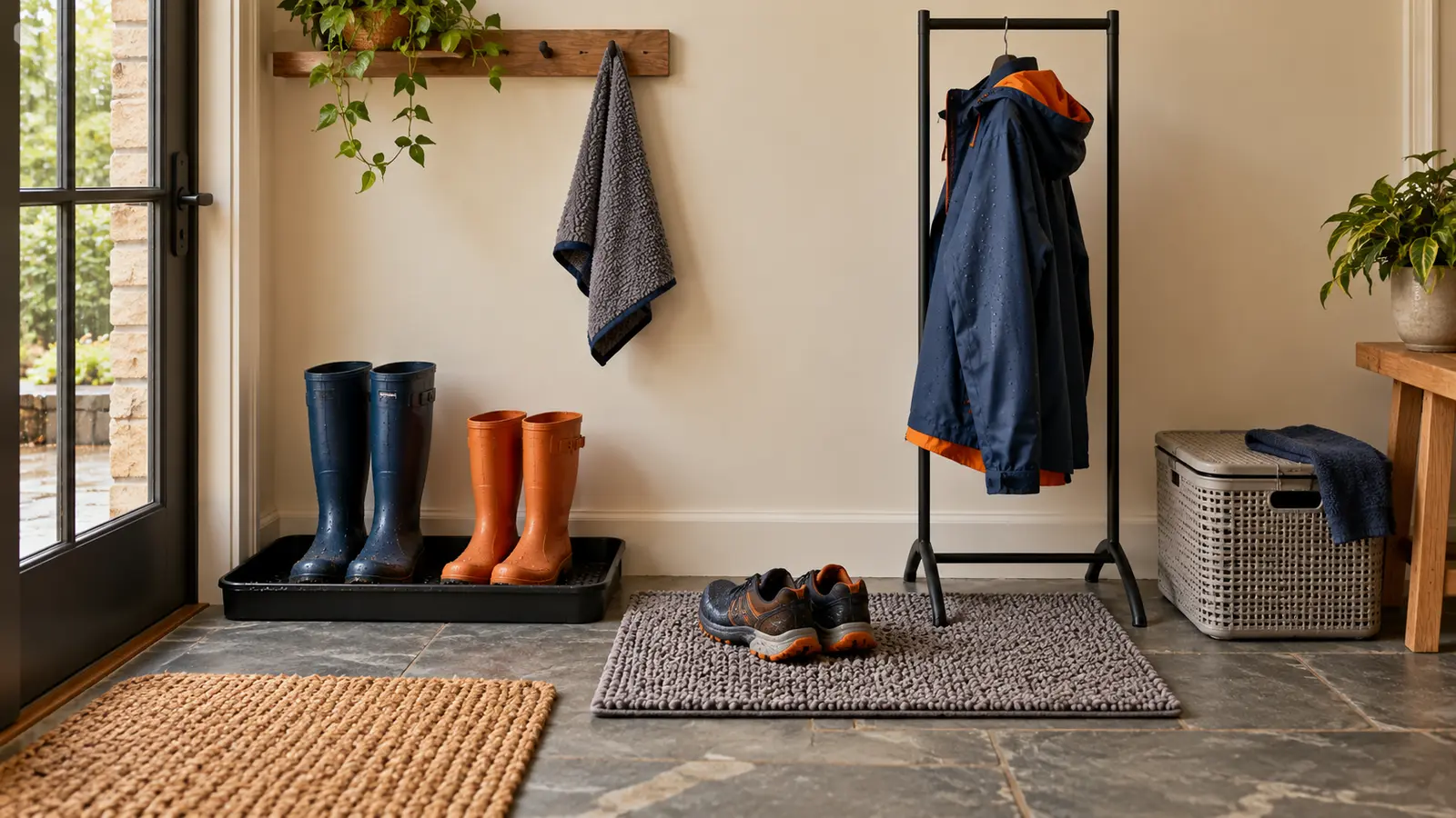 Generic wet-gear entryway with two pairs of boots in a shallow tray, shoes on an absorbent mat, and a rain jacket spaced on a freestanding rack