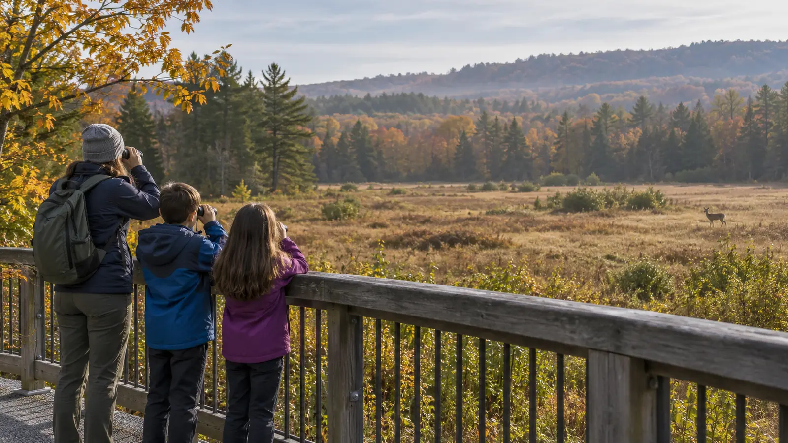 Adult and two school-age children using binoculars behind a railing while a deer remains far across a meadow