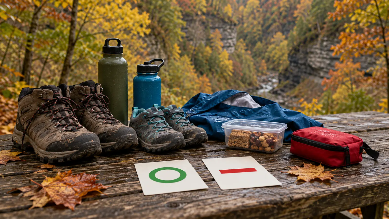 Conceptual gorge-day planning table with adult and child hiking shoes, water, rain shell, snacks, first-aid pouch and blank open and closed route cards