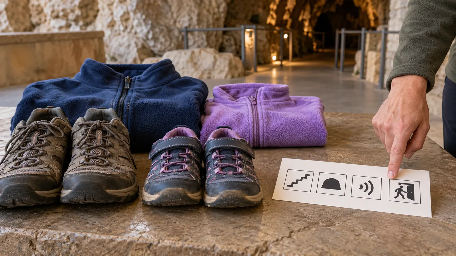 Generic first cave-tour planning scene with adult and child walking shoes, fleece layers, a simple icon card for stairs, darkness, sound and exit, and a conceptual show-cave background