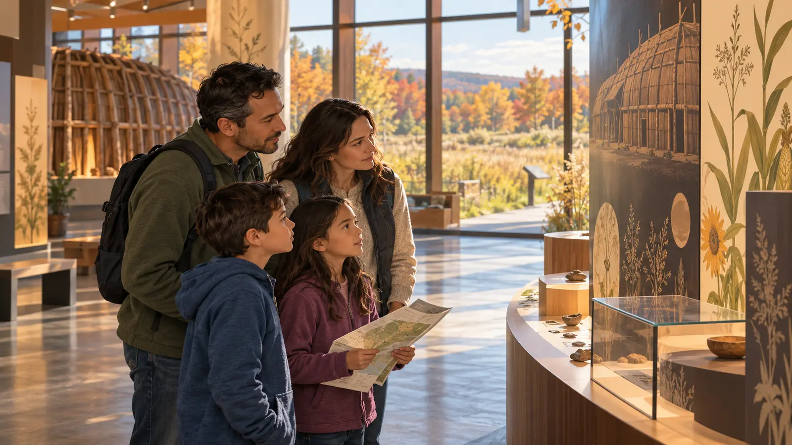 Conceptual family quietly studying a plant-and-longhouse themed museum display before an autumn meadow walk