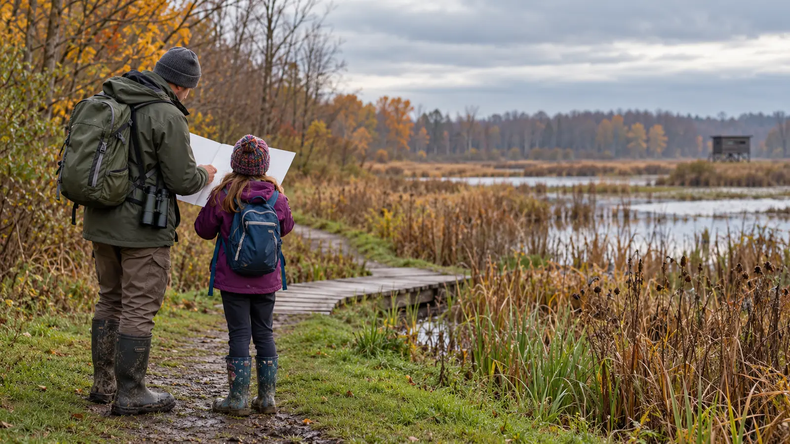 Conceptual adult and school-age child in boots reviewing a paper map beside an autumn wetland trail and simple wooden bird blind