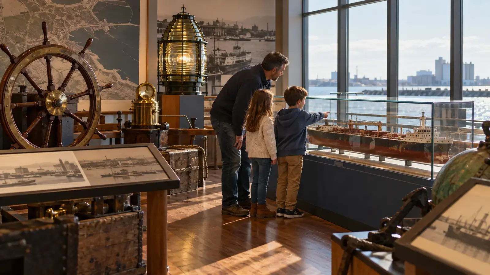 Conceptual family studying a model cargo ship in a generic maritime-history gallery beside a harbor