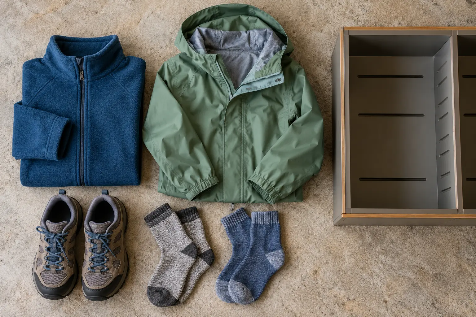 Unbranded child-size fleece, light shell, closed-toe walking shoes, two pairs of socks and an empty cubby illustrating a bag-free cave packing plan