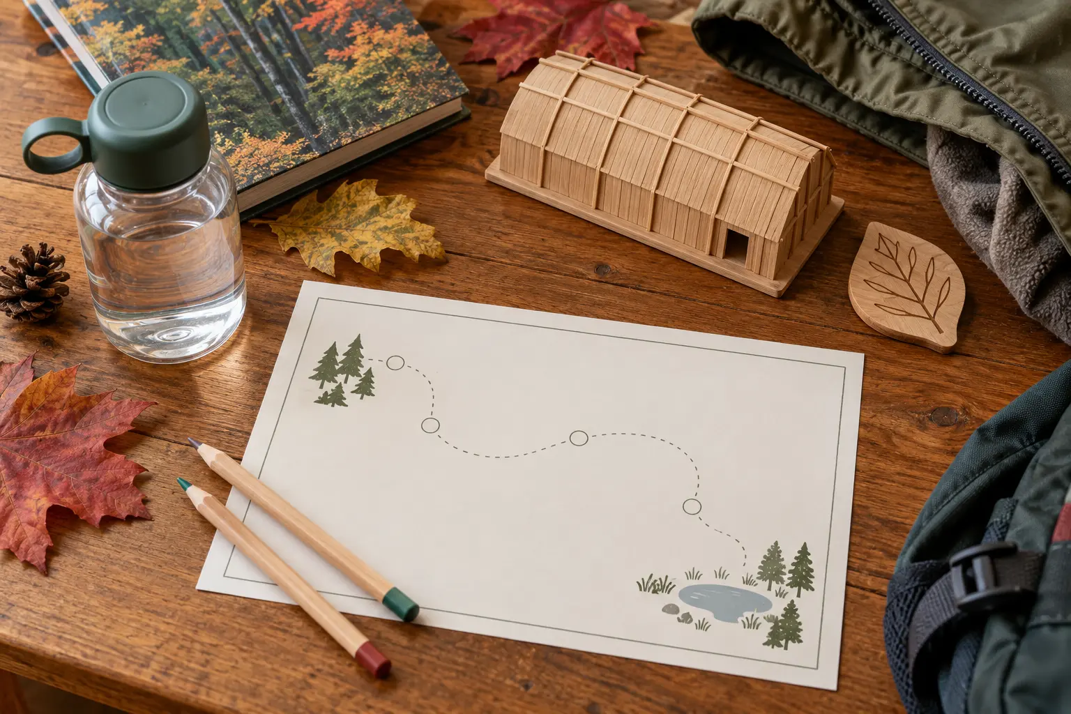 Conceptual family museum-day planning table with a blank route card, wooden longhouse-shaped model, water and autumn trail items