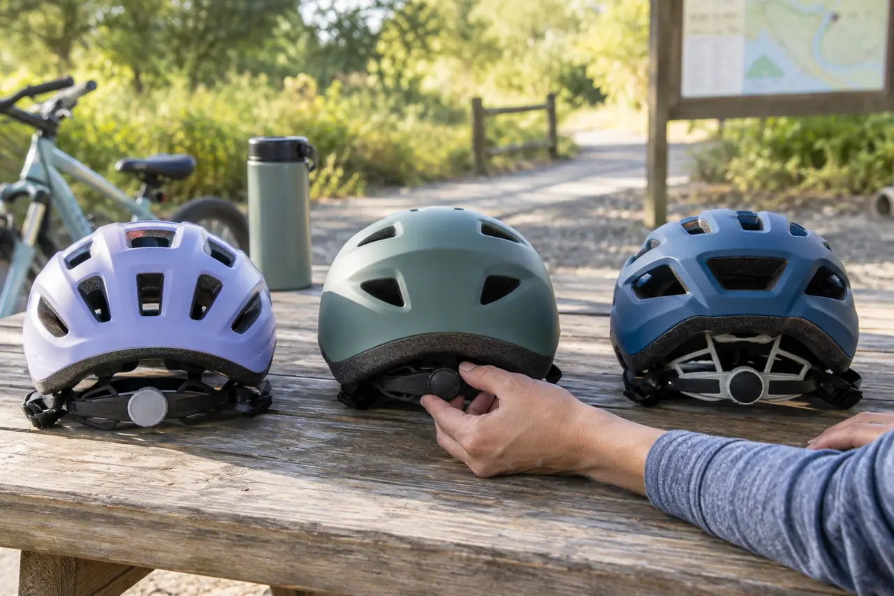 Three unbranded youth bicycle helmets with rear fit systems