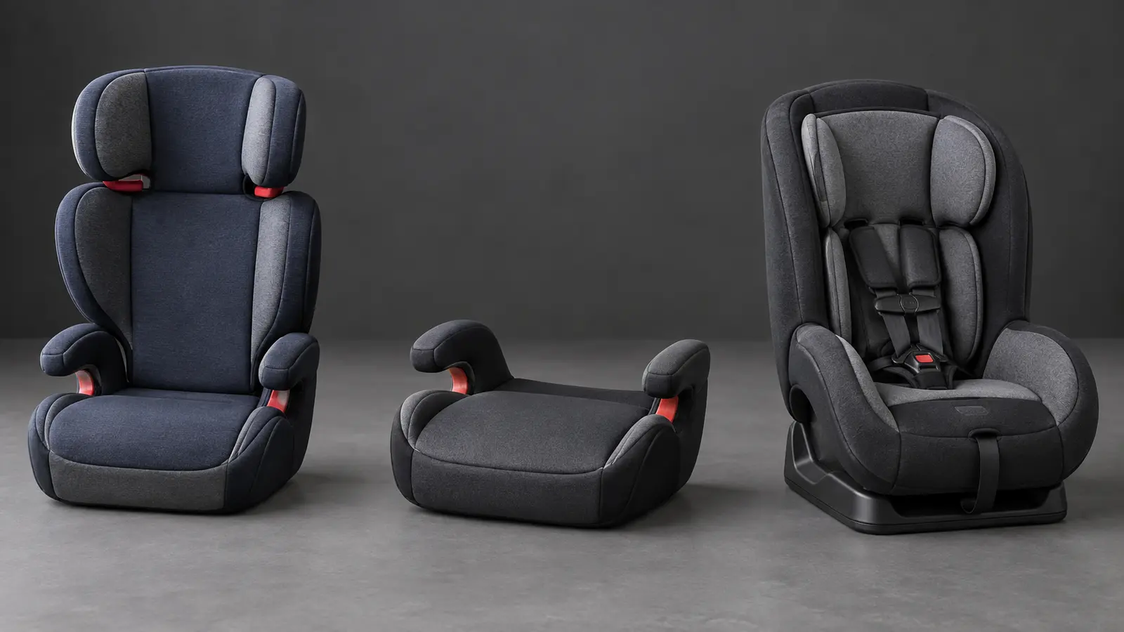Generic high-back booster, backless booster and harnessed combination child seat arranged as three unbranded categories