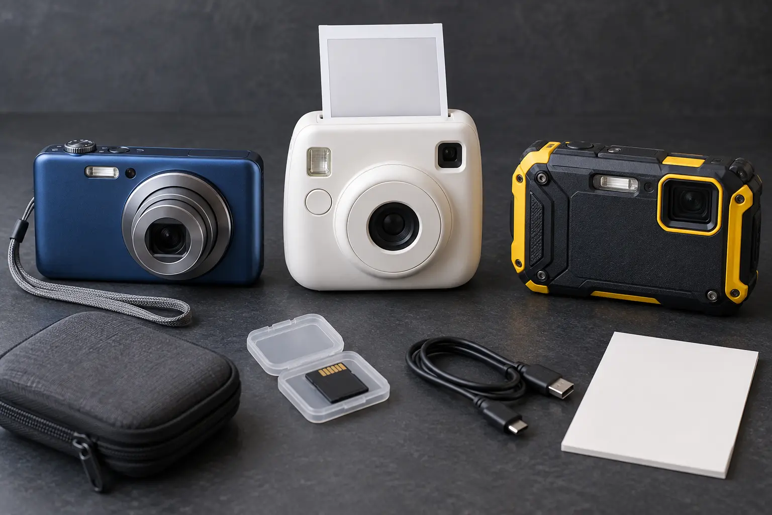 Generic unbranded compact digital, instant-print and rugged waterproof-style cameras arranged side by side