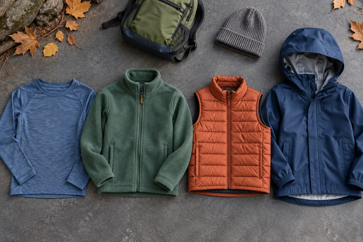 Four unbranded child-size trail layers arranged separately: blue base shirt, green fleece, orange insulated vest and navy hooded rain shell