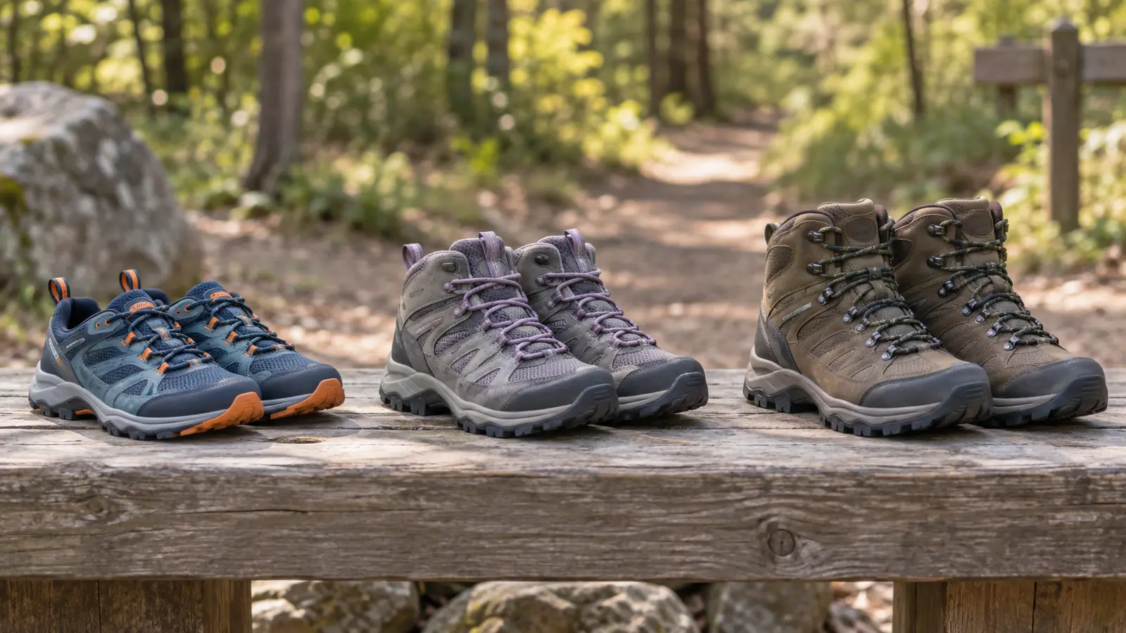 Three unbranded pairs of children’s trail footwear showing a low trail runner, mid-height hiking shoe and taller hiking boot