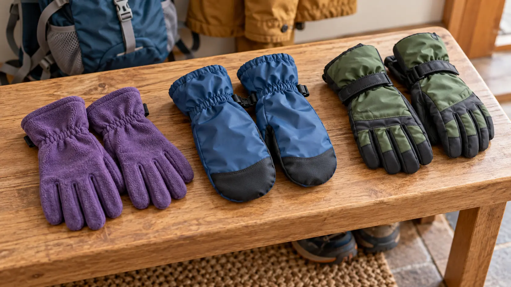 Three unbranded child-size handwear categories arranged side by side: thin fleece gloves, waterproof shell mittens and insulated gloves