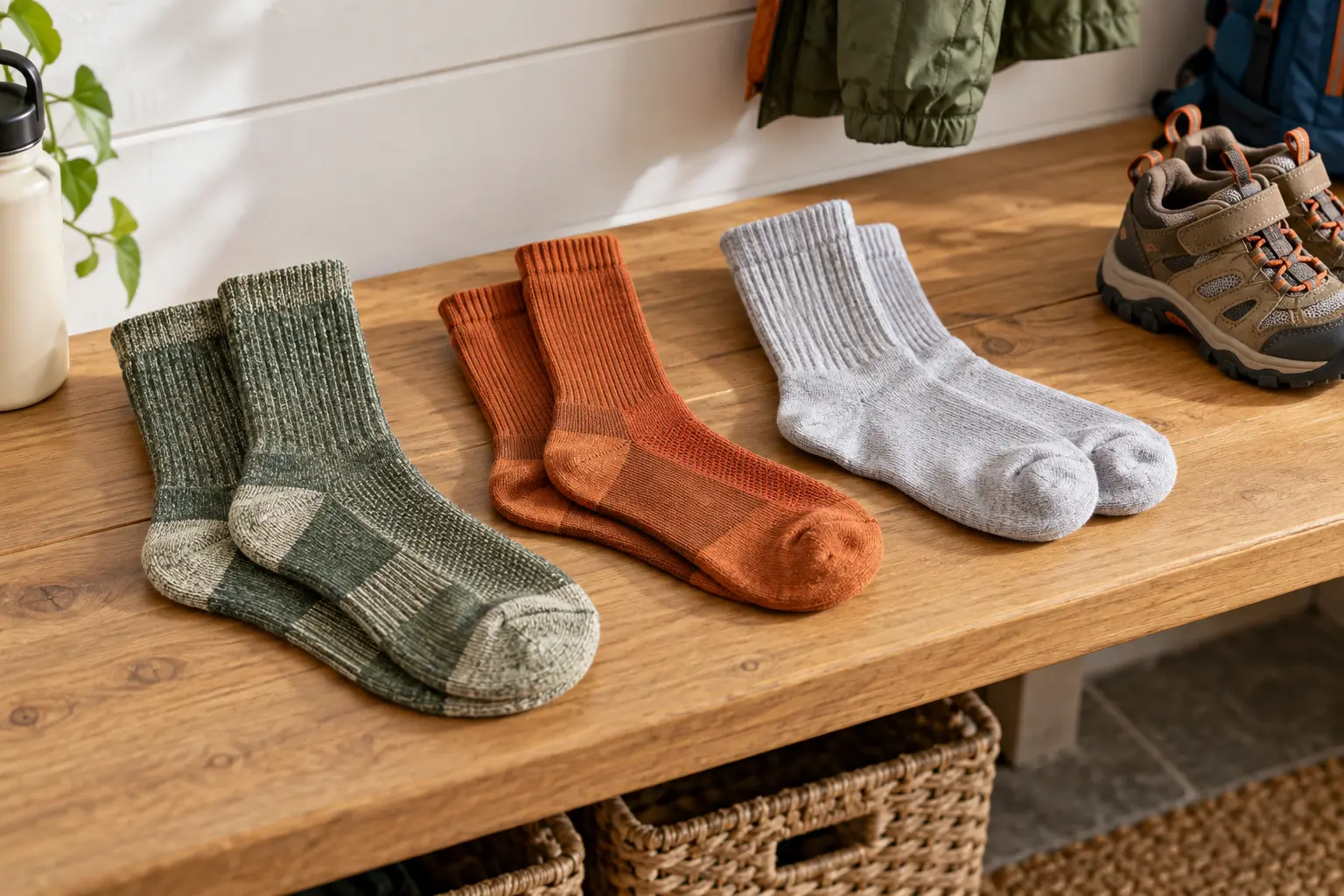 Three unbranded child-size hiking sock categories