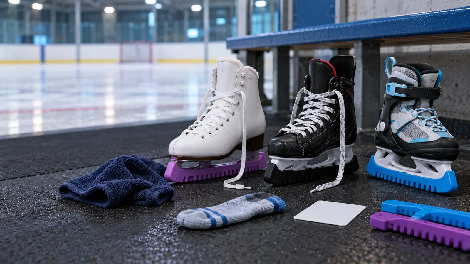 Conceptual unbranded child-size white figure skate, black hockey skate, and blue adjustable recreational skate on a rink bench with blade guards and towel