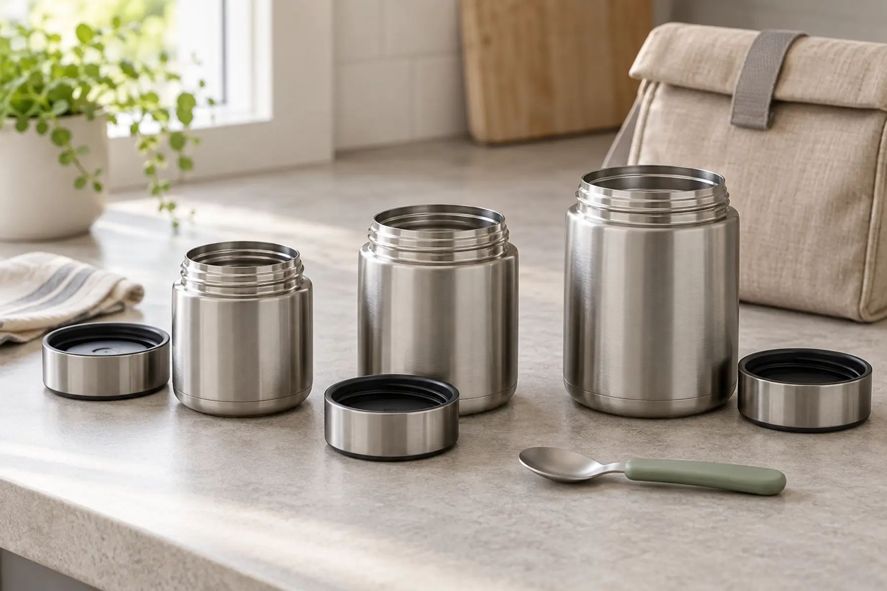 Three unbranded stainless-steel insulated food jars arranged from smallest to largest with separate lids and a child-size spoon
