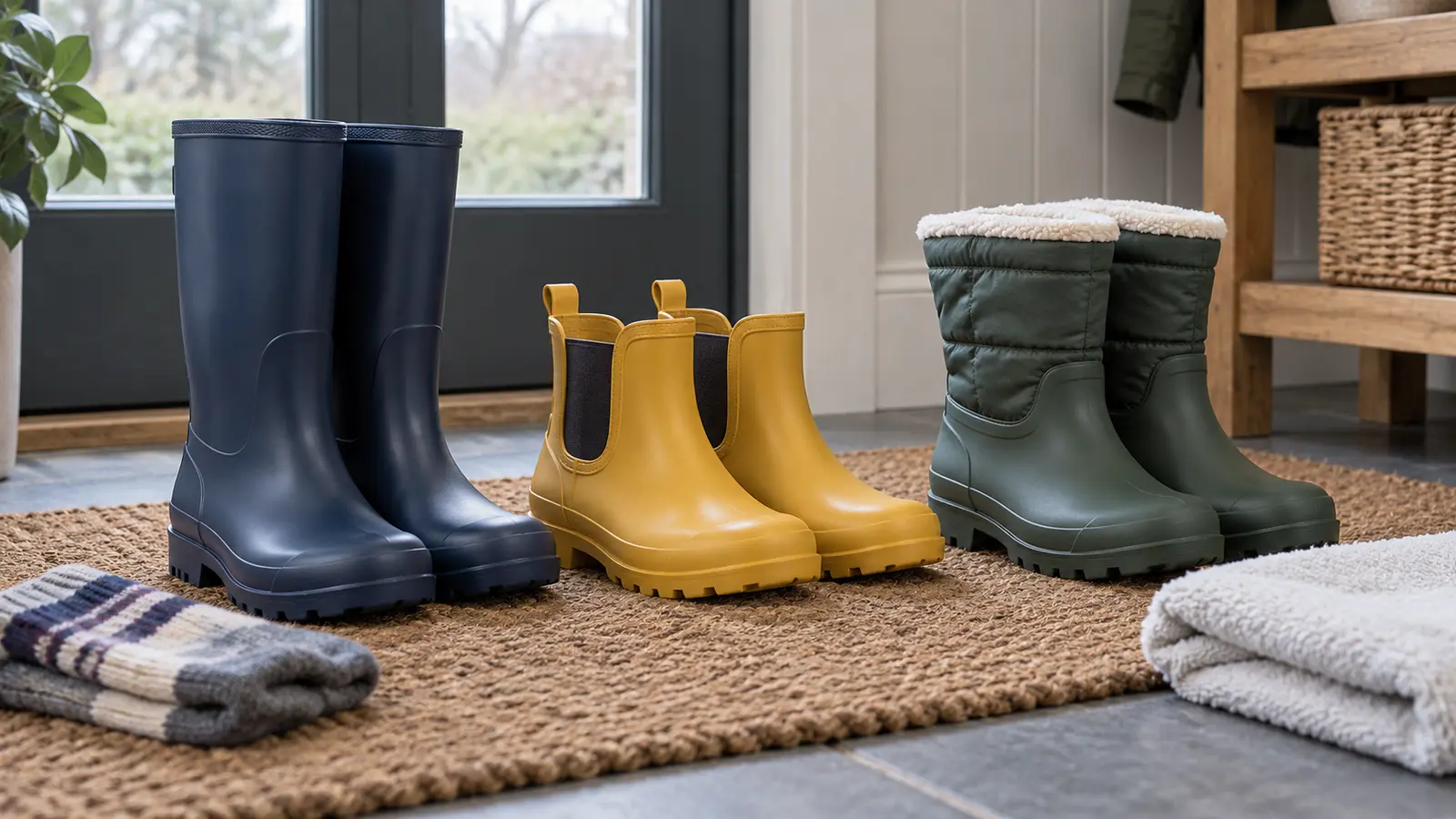 Three pairs of generic unbranded children’s rain boots representing tall pull-on, Chelsea-style and insulated categories beside socks and a drying towel