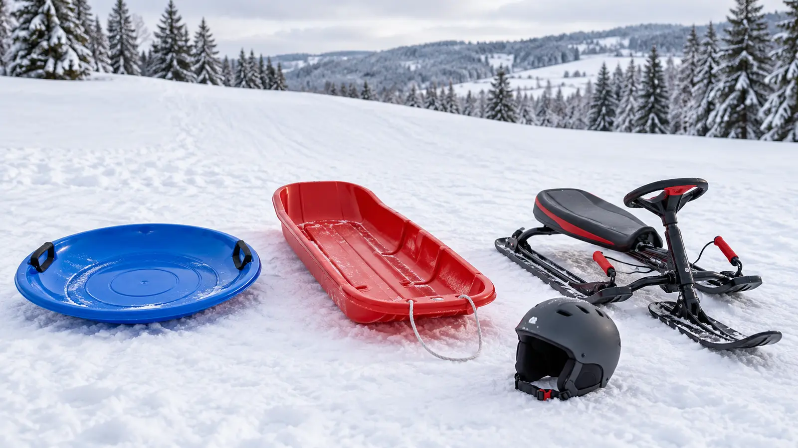 Three unbranded sled categories on an empty snow hill: a round saucer, open toboggan and steering sled, with a helmet nearby
