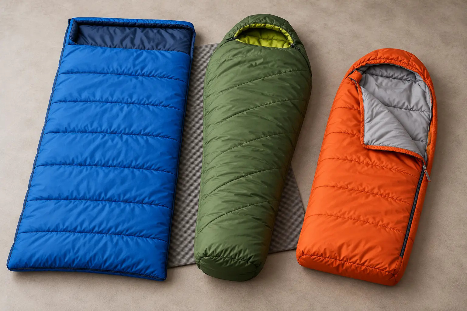Three unbranded child-size sleeping bag categories: a blue rectangular bag, green mummy bag and orange youth bag beside a foam pad