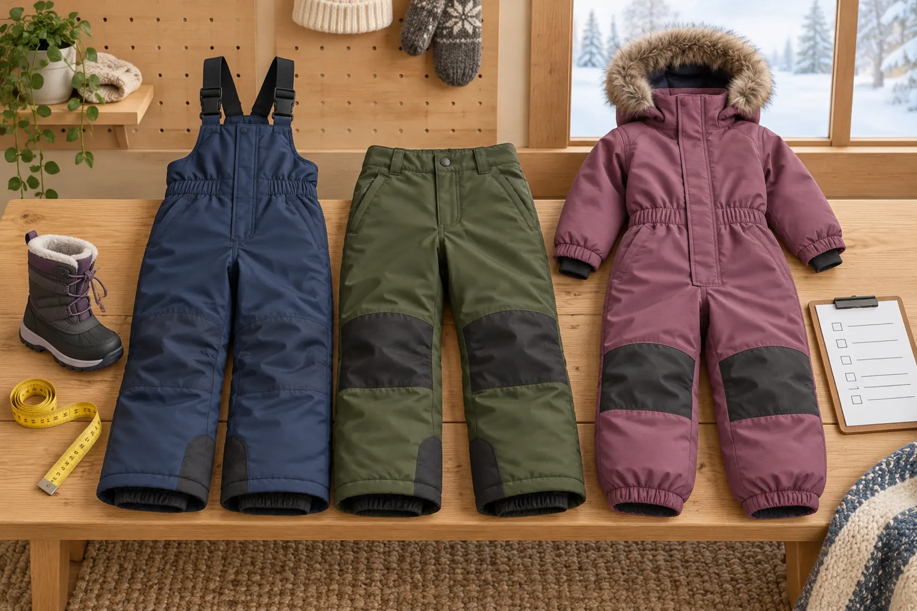 Unbranded child-size insulated bib snow pants, waist snow pants and one-piece snowsuit with a boot, measuring tape and blank checklist