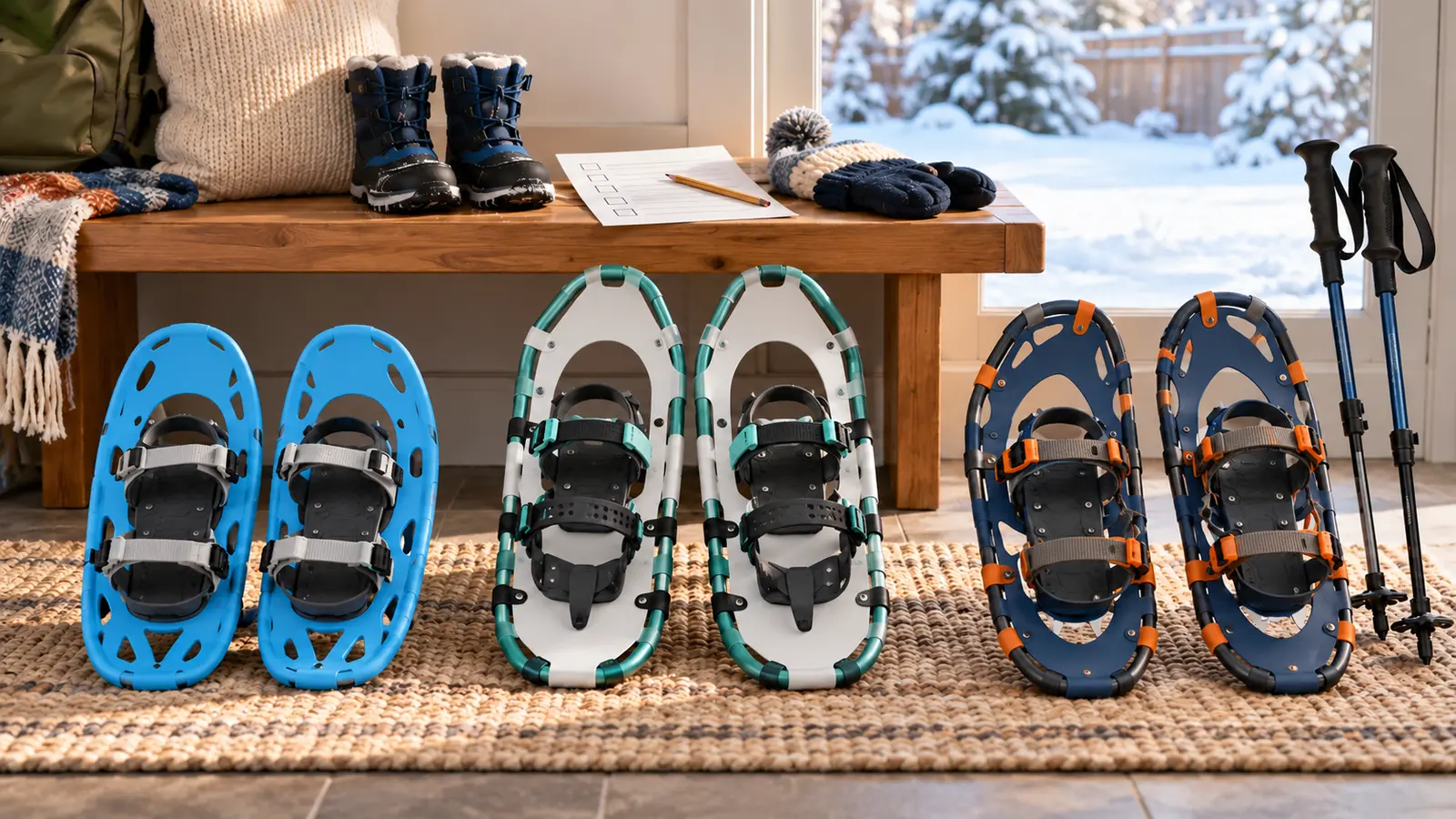 Three unbranded youth snowshoe category pairs with bindings, winter boots and trekking poles in an entryway