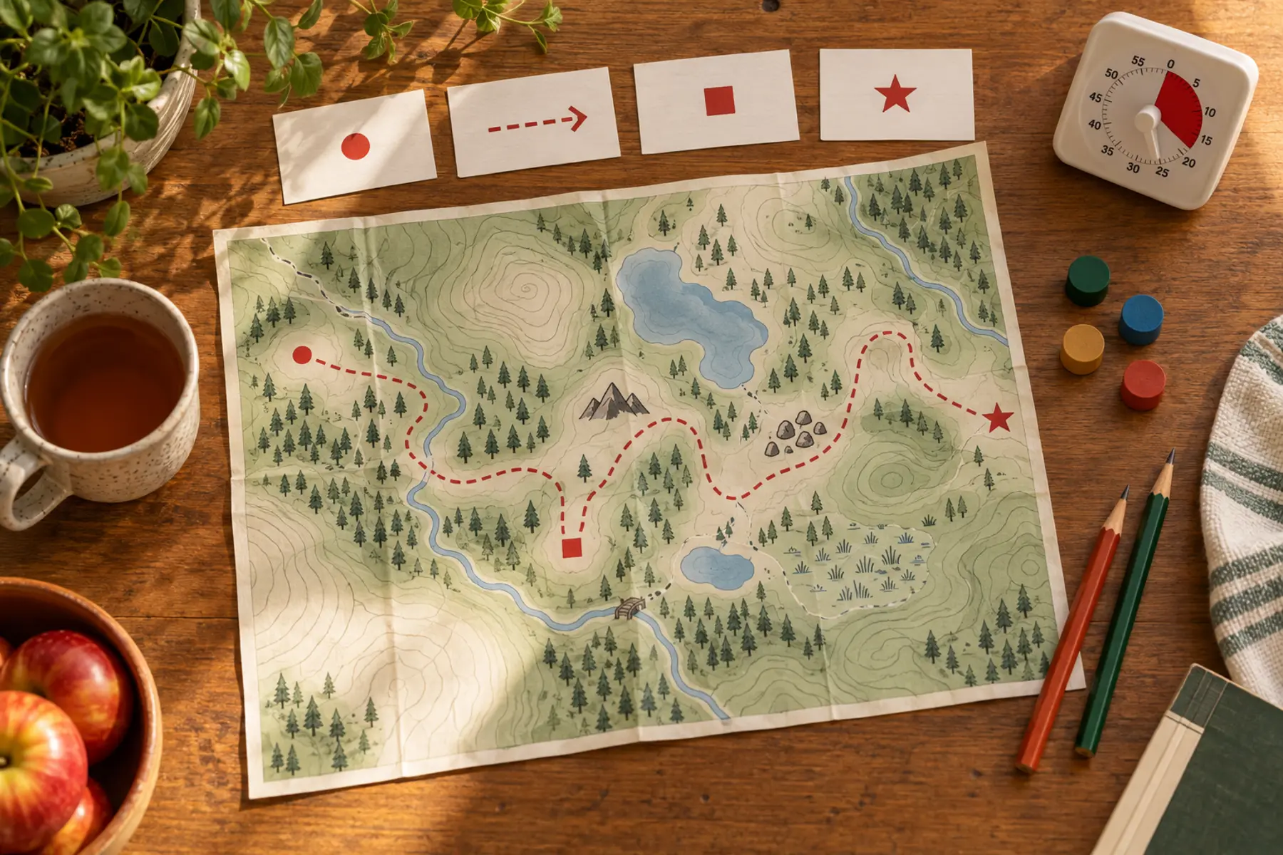 Fictional trail-map game on a kitchen table with contour lines, symbol cards, pencils, timer and colored wooden tokens