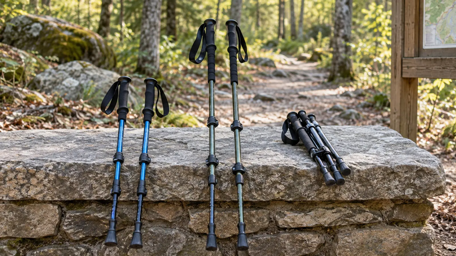 Short adjustable, longer adjustable and folding trekking poles