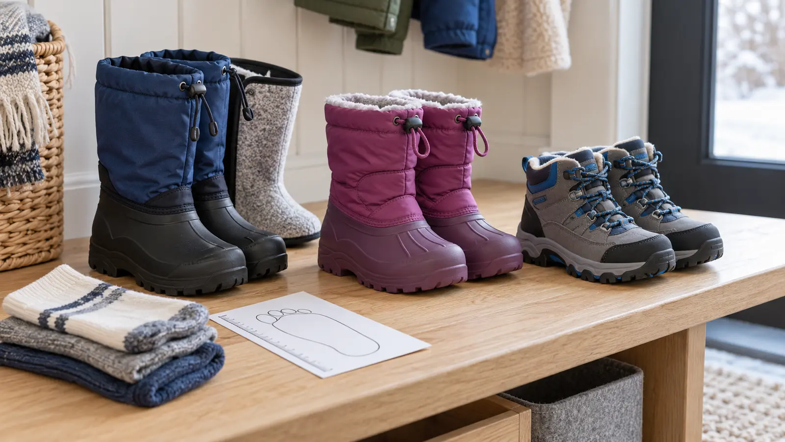 Three generic unbranded child winter-boot categories on a mudroom bench: tall removable-liner pac boot, lightweight insulated snow boot and lower winter hiking boot, with socks and a foot outline