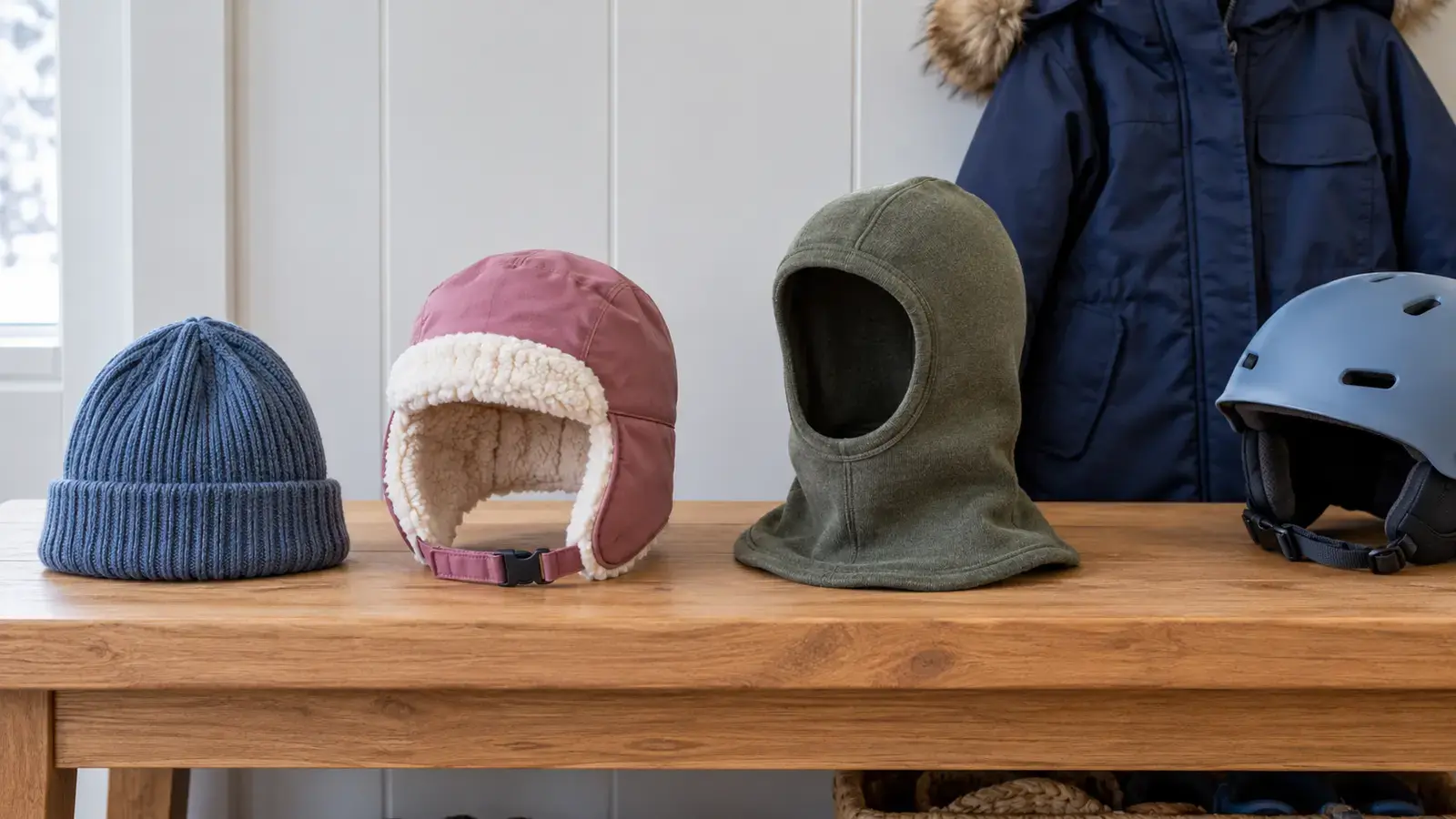 Unbranded blue beanie, pink earflap hat and green balaclava beside a winter coat and separate helmet