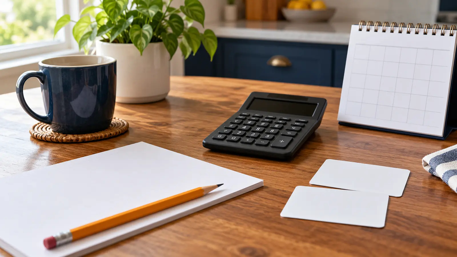 Conceptual membership-planning desk with a blank-screen calculator, blank cards, paper, calendar and pencil