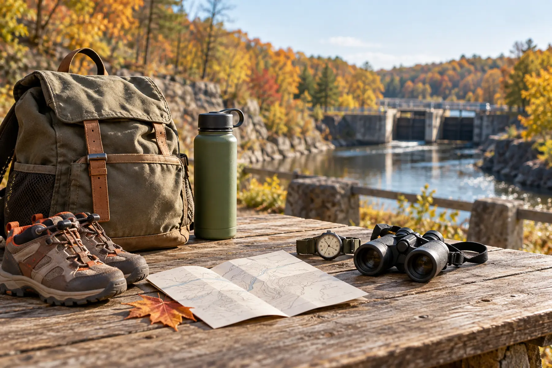 Conceptual family Moss Island planning setup with unbranded pack, trail shoes, bottle, watch, binoculars and an invented route card near a generic canal lock