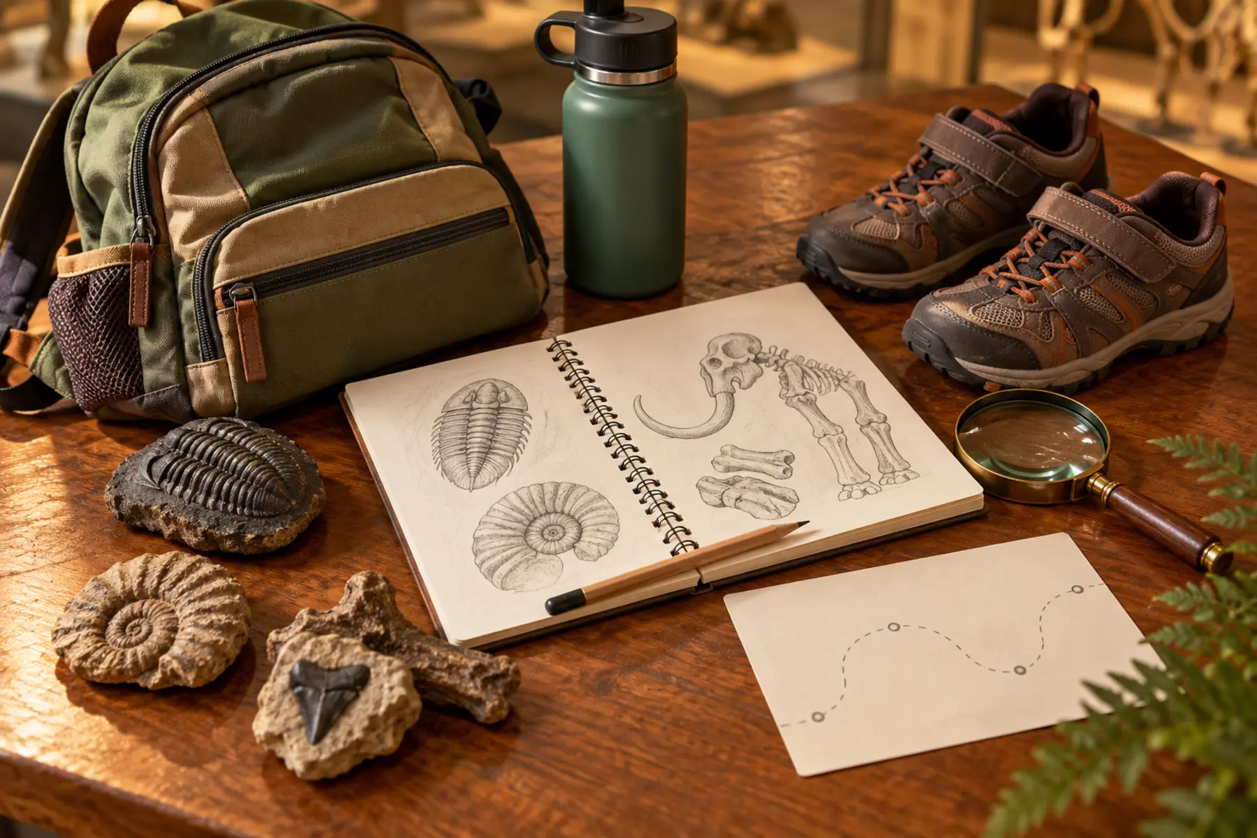 Conceptual natural history museum planning still life with unbranded pack, child-size shoes, bottle, magnifier and fossil sketchbook