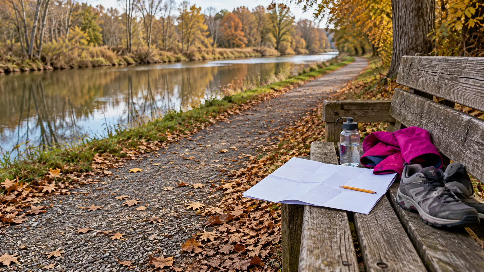 Conceptual canal-towpath family planning scene with a quiet water channel, level path, bench, blank route map, pencil, water bottle, walking shoes and child outer layer