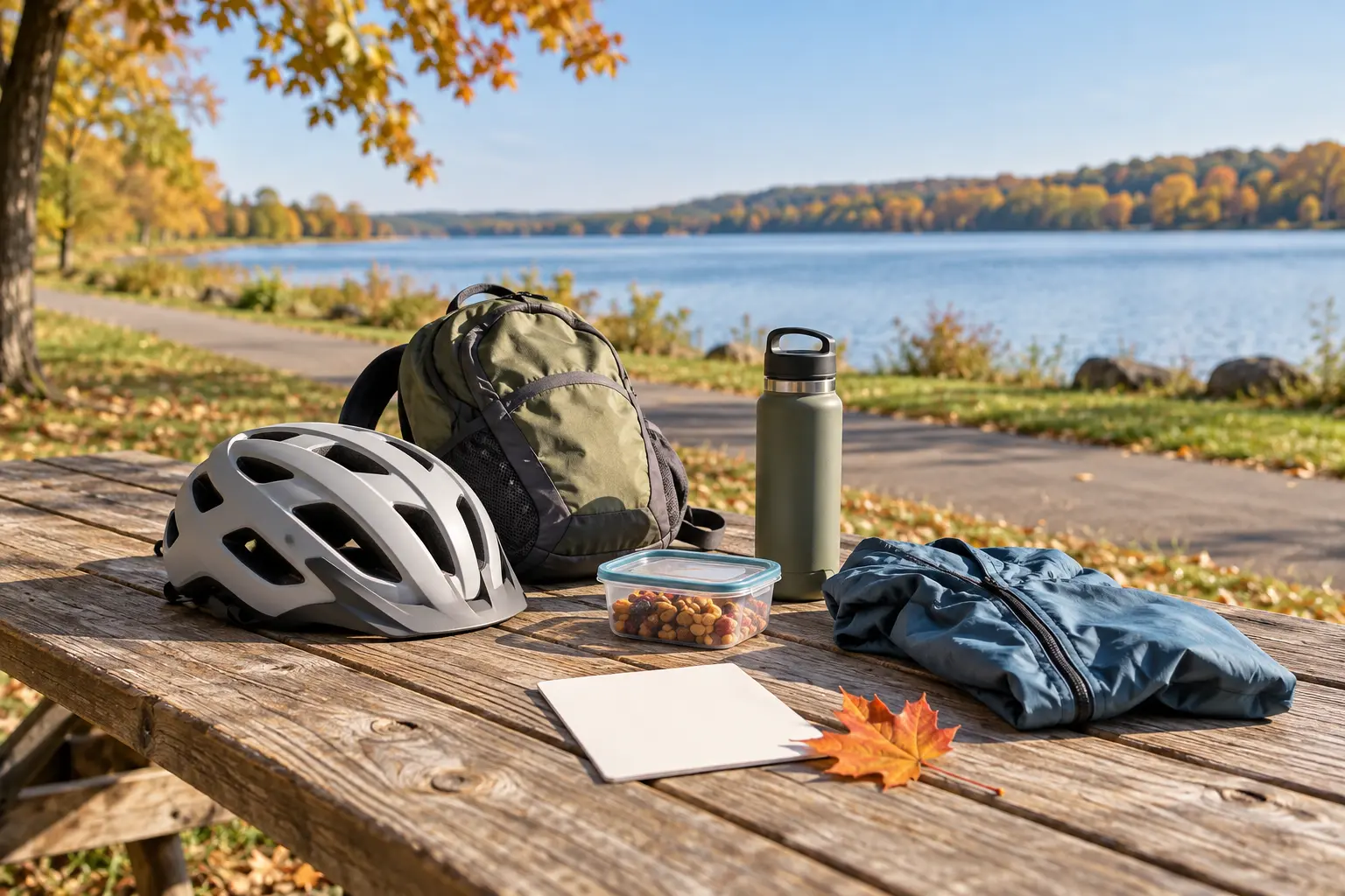 Conceptual lakefront family day setup with an unbranded helmet, daypack, water bottle, snack, jacket and blank route card beside a paved trail